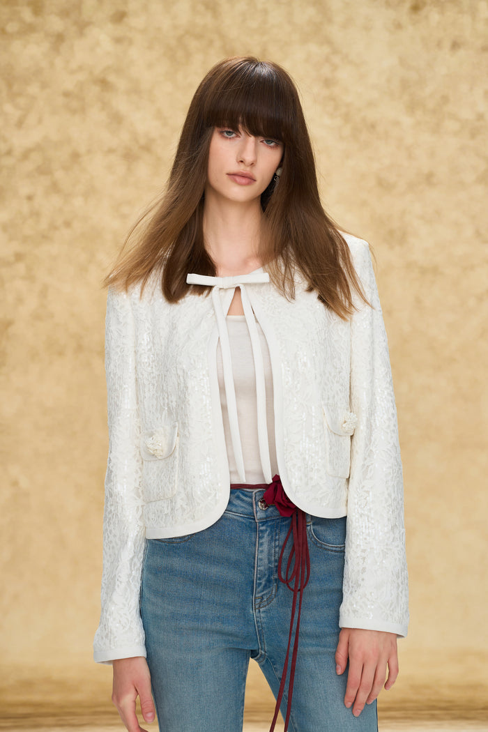 Ribbon Tie Sheer Lace Layering Cardigan