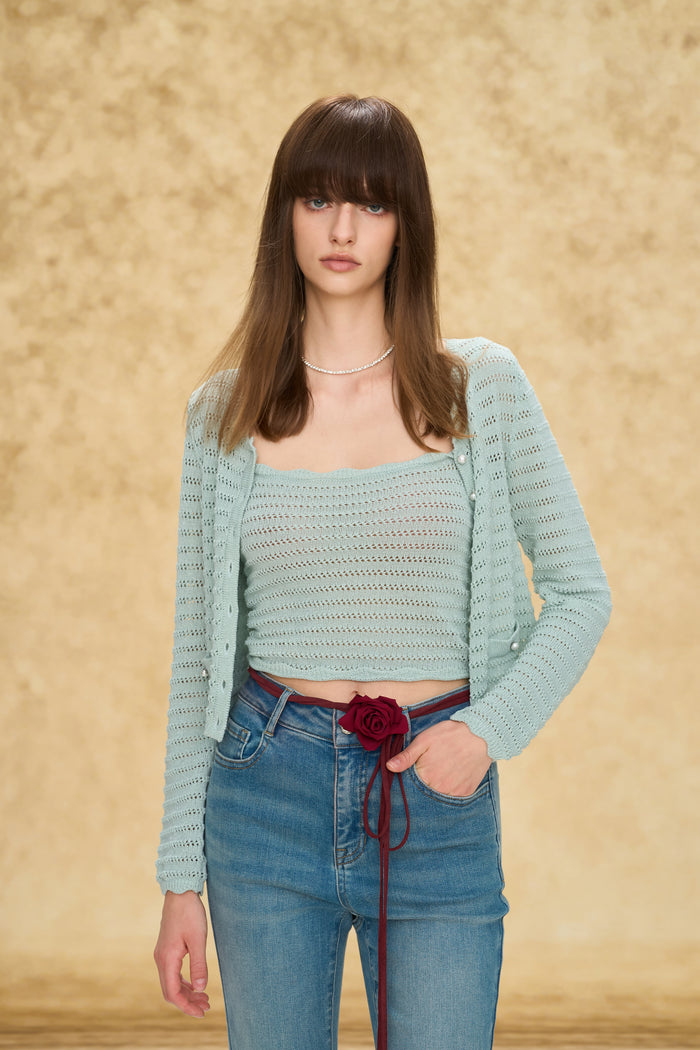 Mint Green Open Knit Cardigan Two-Piece Set