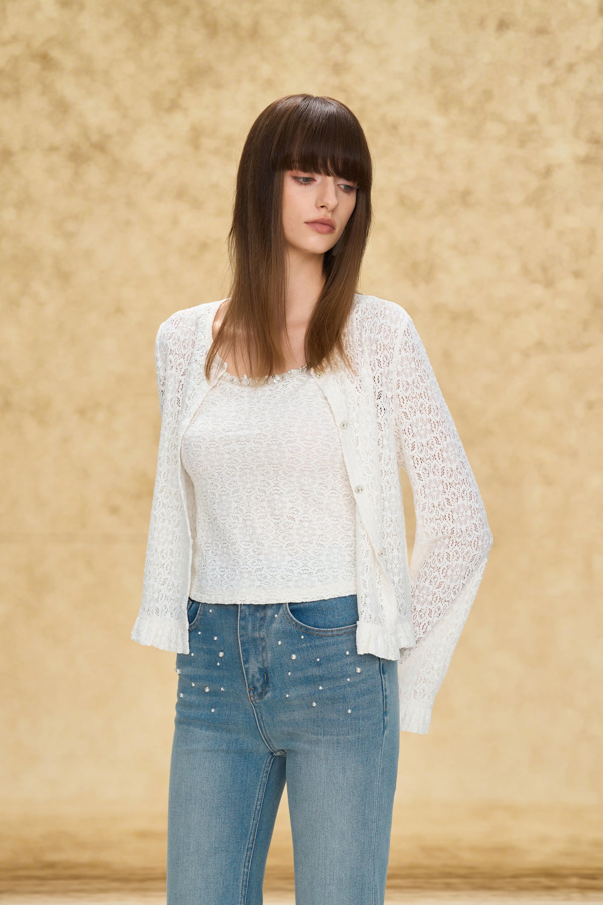 Ruffle Trim Lace Cardigan