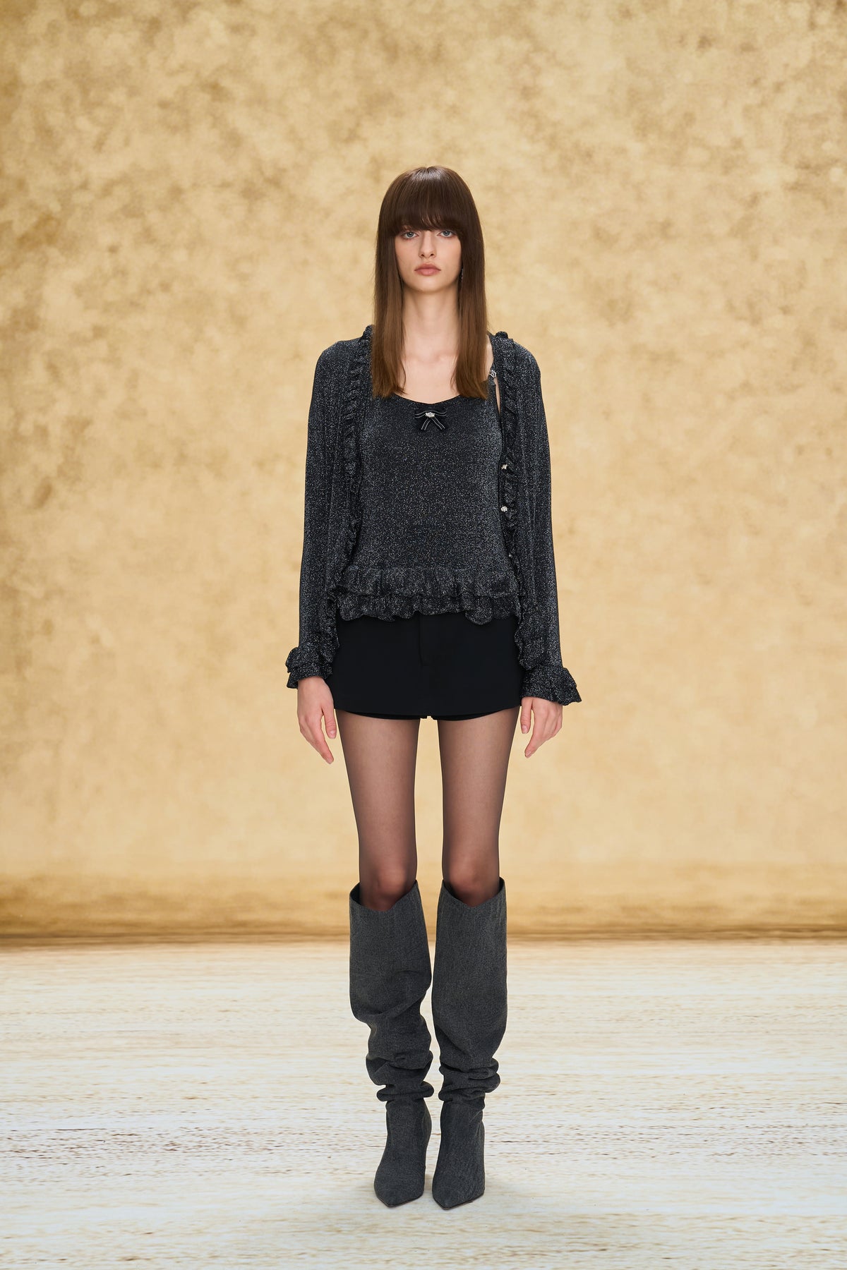 Black Ruffle Trim Jacquard Knit Cardigan
