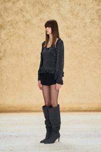 Black Ruffle Trim Jacquard Knit Cardigan