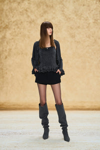 Black Ruffle Trim Jacquard Knit Cardigan