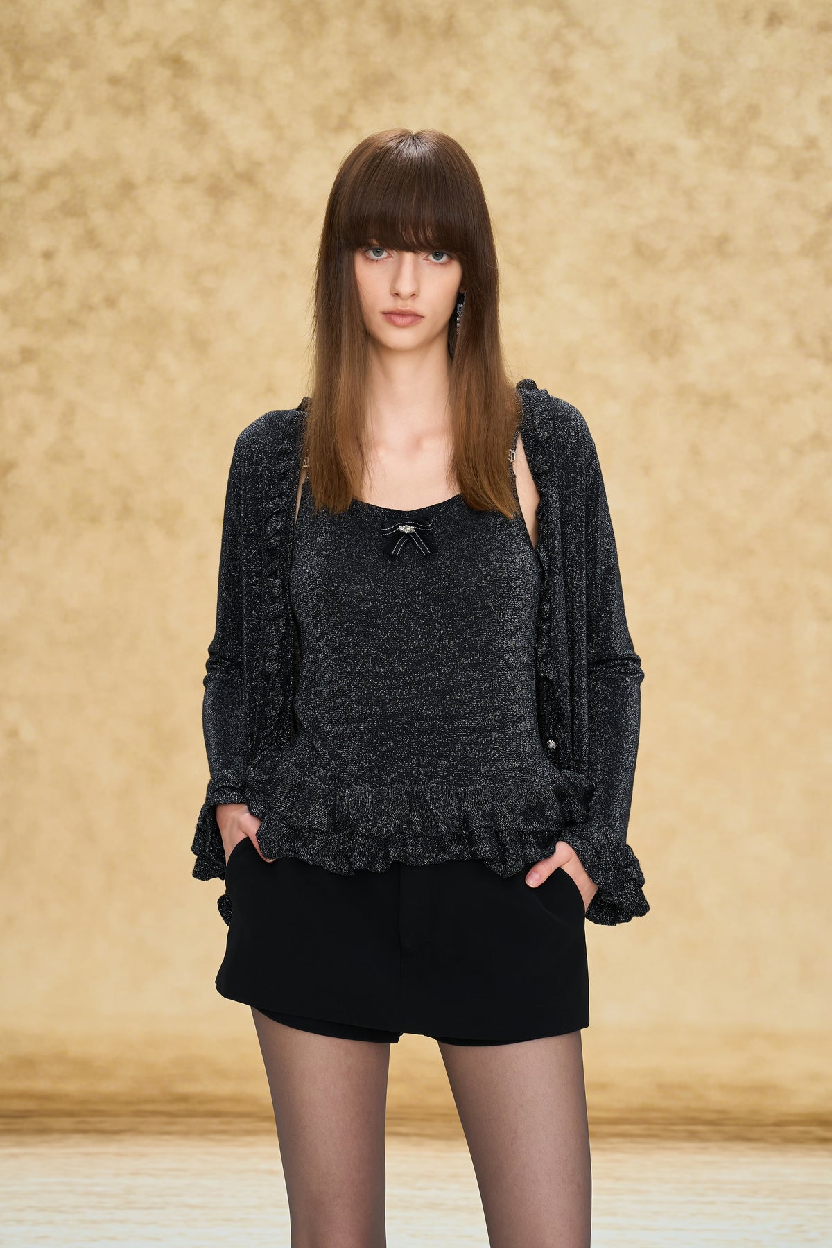 Bow Brooch Ruffle Trim Knit Cami Top