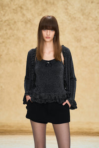 Bow Brooch Ruffle Trim Knit Cami Top