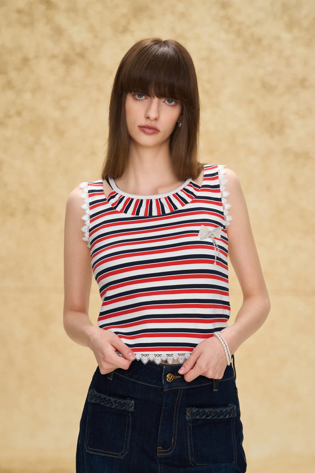 Vintage Striped Knit Vest with Lace Trim