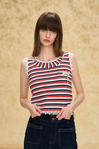 Vintage Striped Knit Vest with Lace Trim