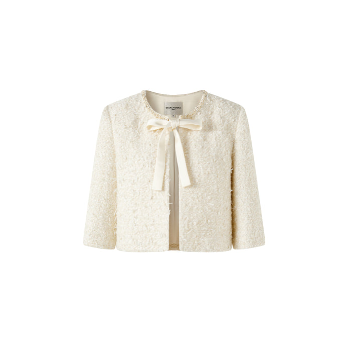 Beaded Ribbon Tie Cropped Bouclé Jacket
