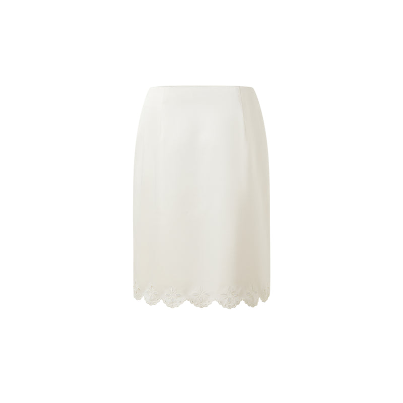 Pearl White Cutout Eyelet Pencil Midi Skirt