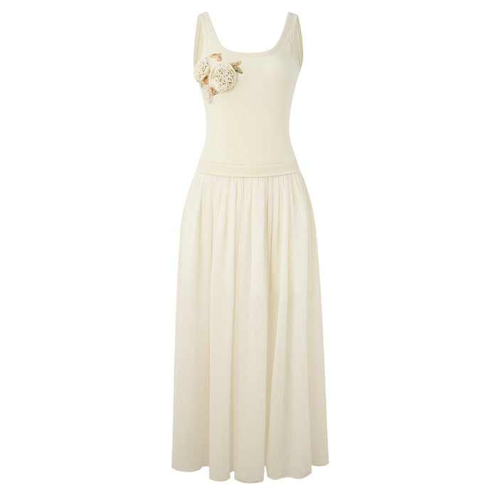 YELLOW BUTTERFLY EMBROIDERY PATCHWORK SLEEVELESS DRESS