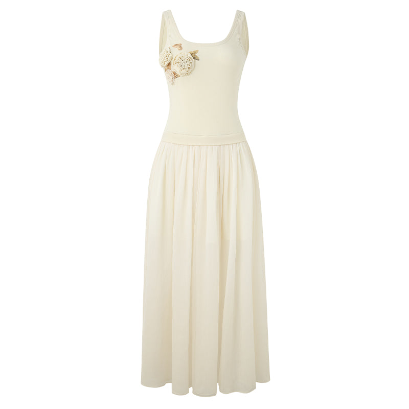 YELLOW BUTTERFLY EMBROIDERY PATCHWORK SLEEVELESS DRESS
