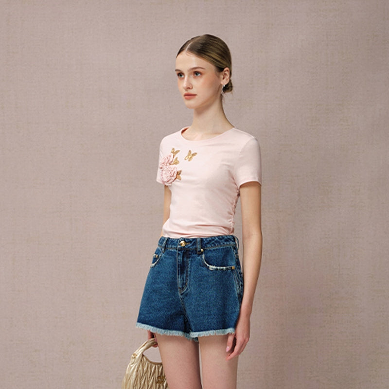 PINK BUTTERFLY BEADED FLORAL T-SHIRT