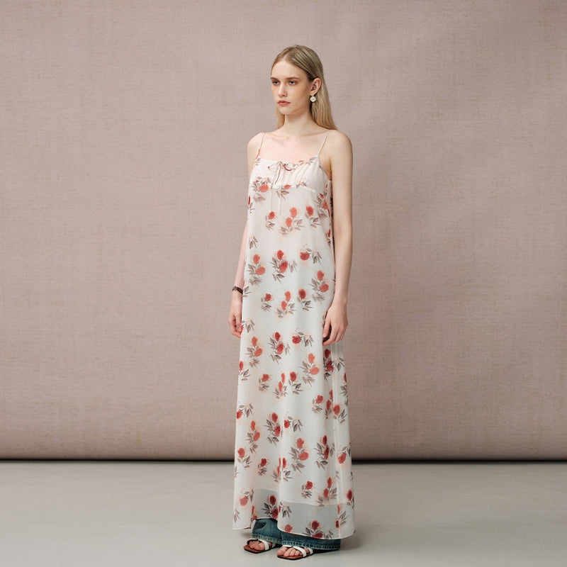 ROSE PRINT CHIFFON STRAPPY DRESS