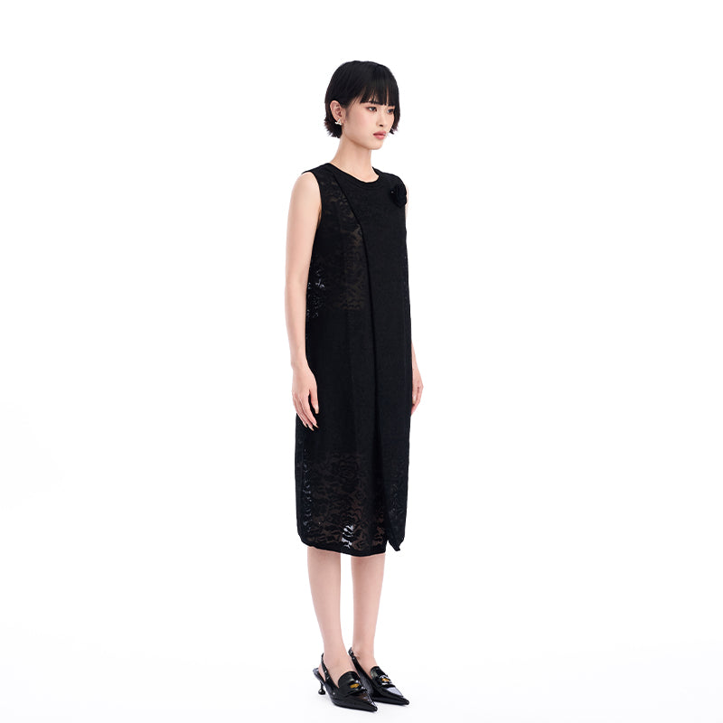 BLACK JACQUARD SLEEVELESS DRESS