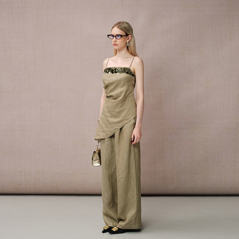 GREEN COTTON-LINEN PANTS