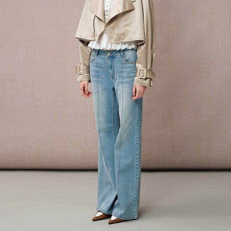 RHINESTONE FLARED DENIM PANTS