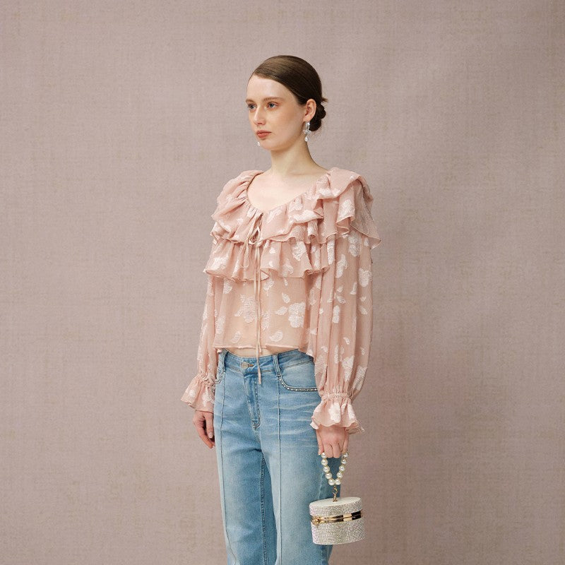 TEXTURED BURNOUT CHIFFON RUFFLE BLOUSE