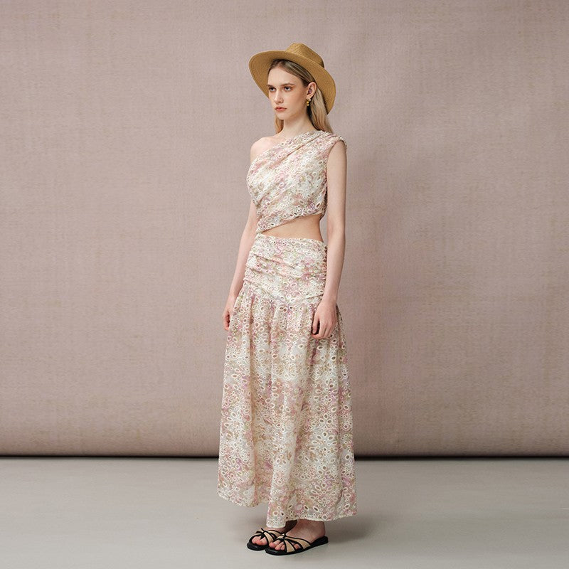 ONE-SHOULDER PINK EYELET EMBROIDERED DRESS