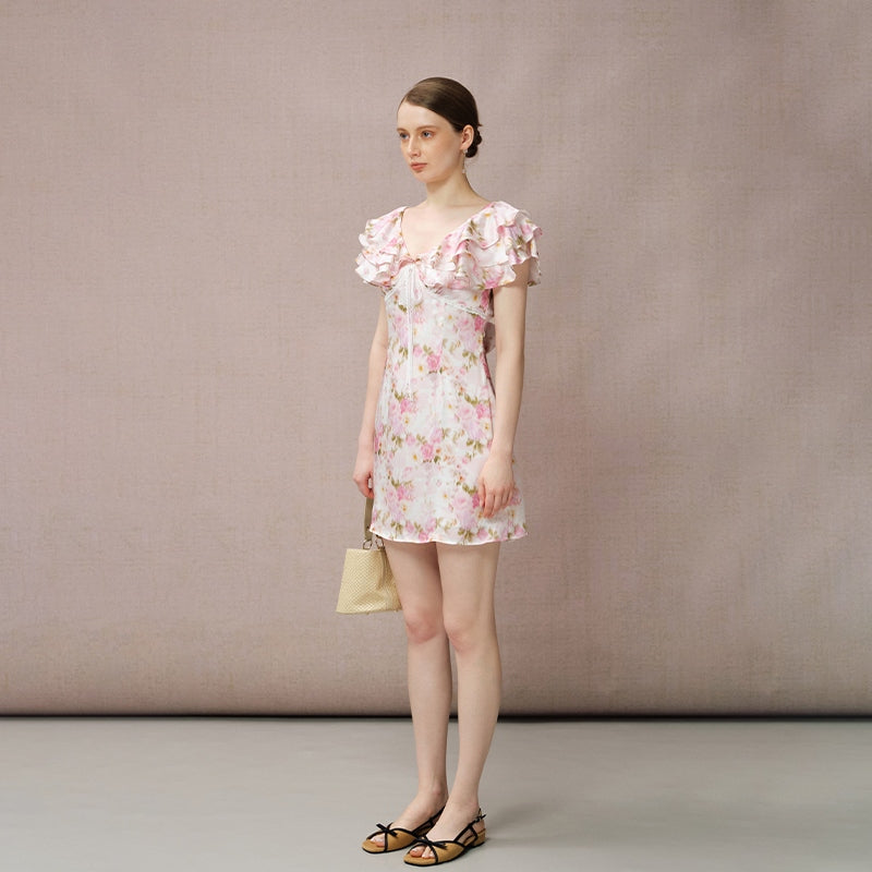 PINK PRINT V-NECK MINI DRESS