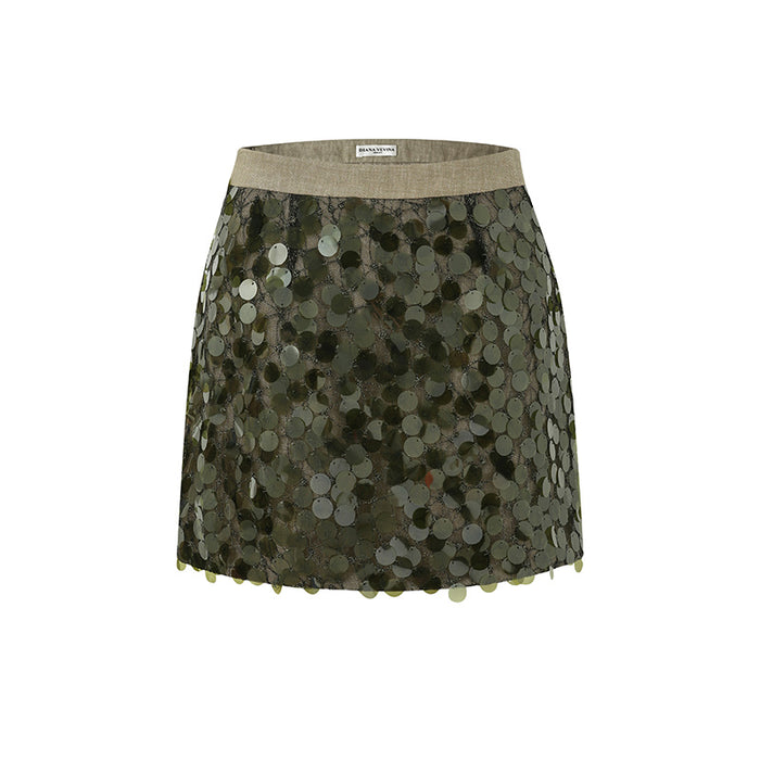 GREEN SEQUIN PANEL LINEN SKIRT