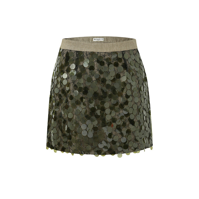 GREEN SEQUIN PANEL LINEN SKIRT