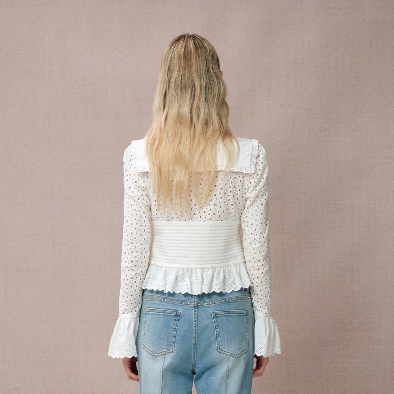 EMBROIDERED PEARL-EMBELLISHED NAVY COLLAR SHIRT