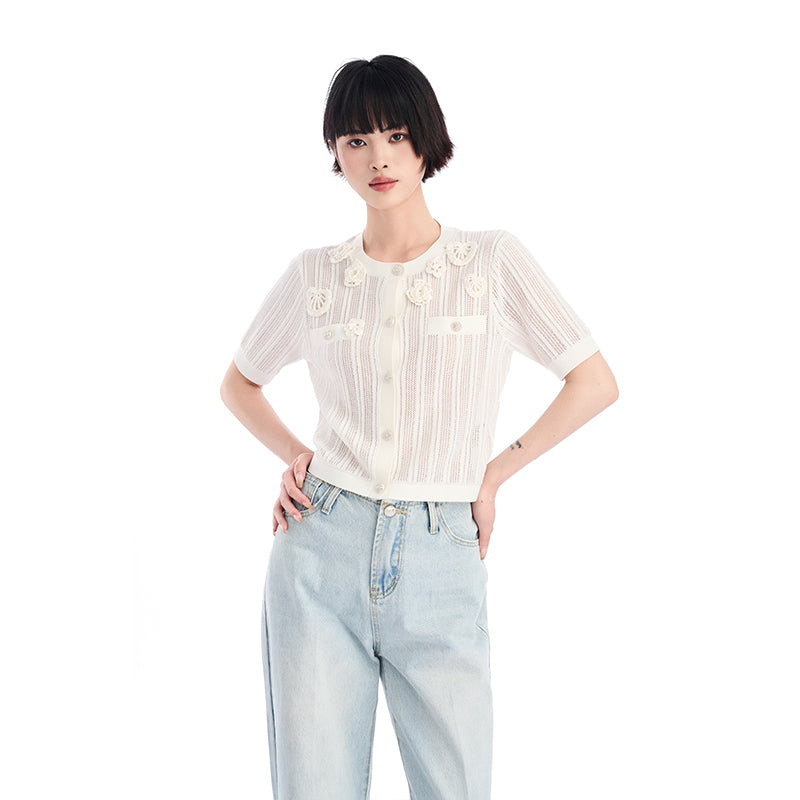 WHITE CROCHET SHORT SLEEVE CARDIGAN