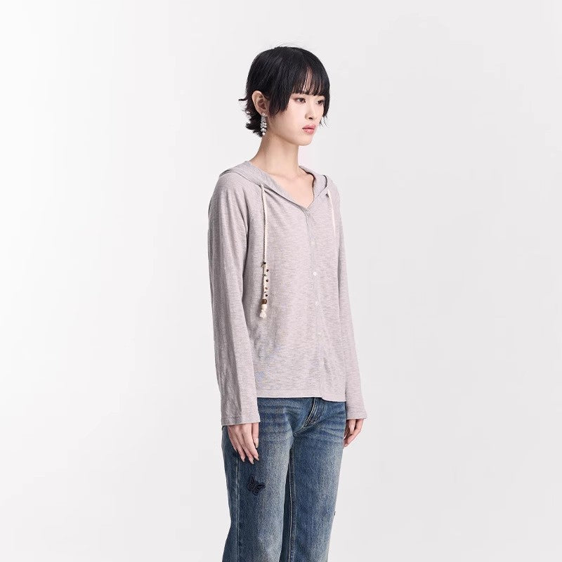 LIGHT GRAY SHEER KNIT HOODIE
