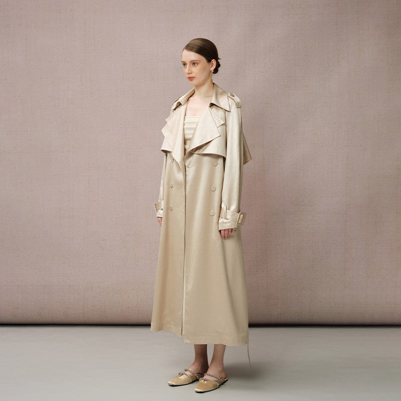 SATIN DOUBLE-LAYER COLLAR LONG TRENCH COAT