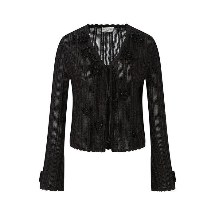 BLACK CROCHET LONG SLEEVE CARDIGAN