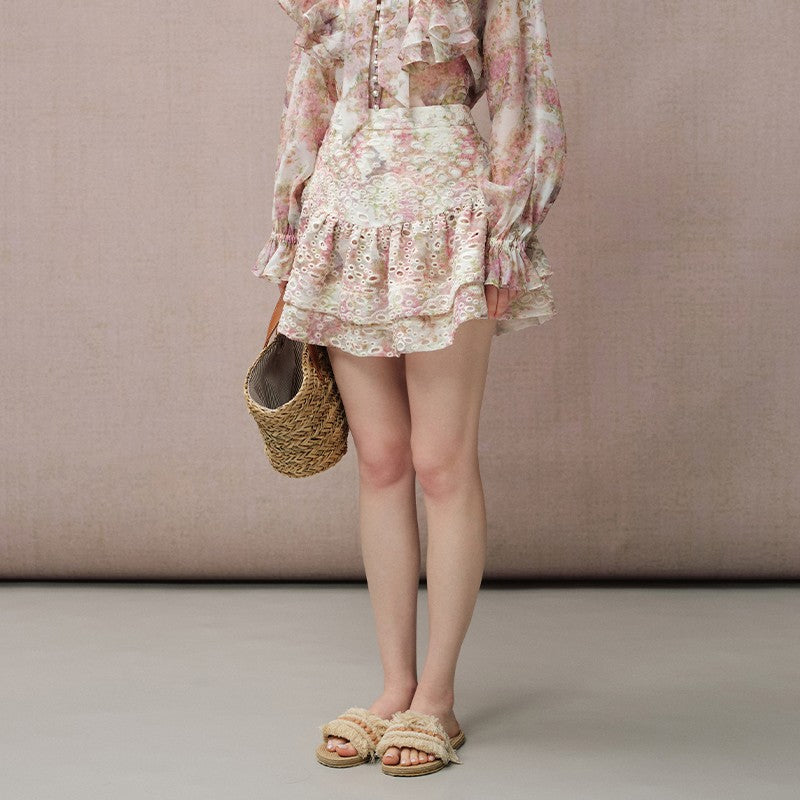 DOUBLE LAYER EMBROIDERED PRINT PUFF SKIRT