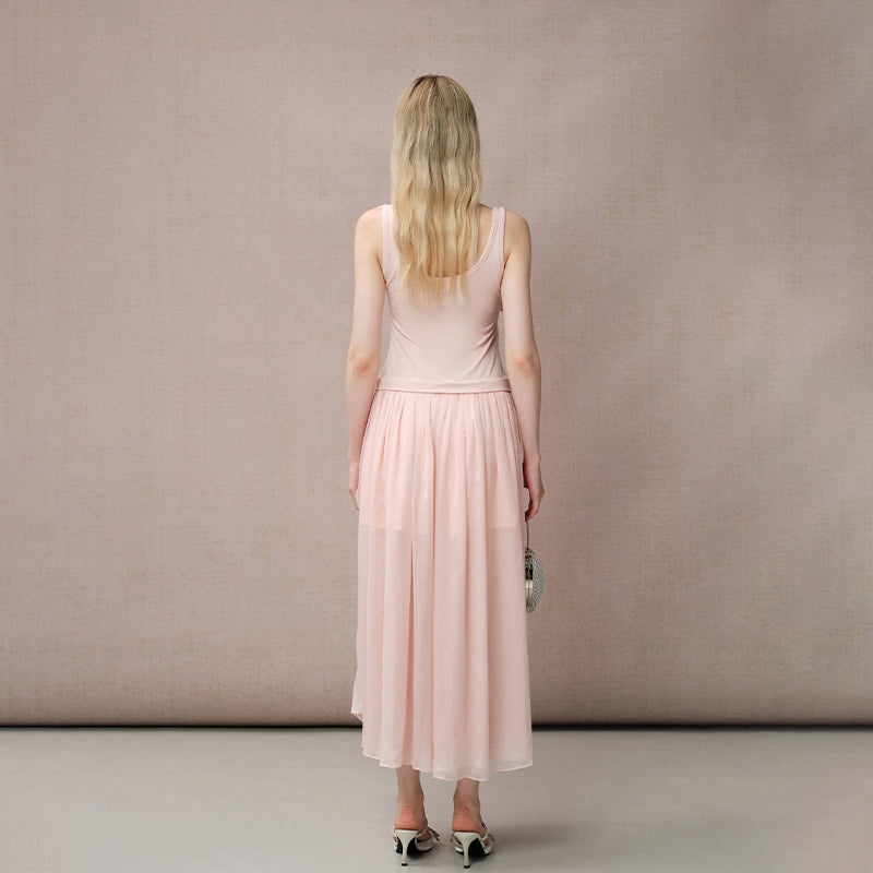 PINK BUTTERFLY EMBROIDERY PATCHWORK SLEEVELESS DRESS