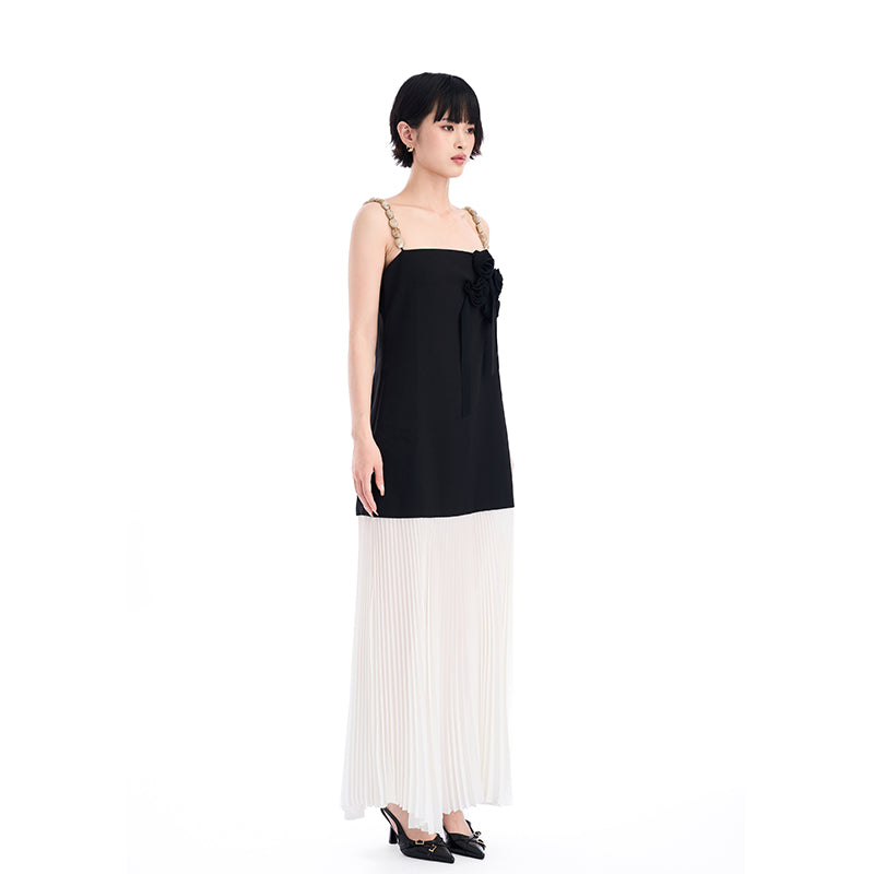 BLACK CRINKLED CHIFFON PANEL CAMI MAXI DRESS