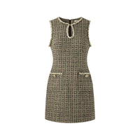 GOLDEN BEADED FLORAL TWEED SLEEVELESS DRESS