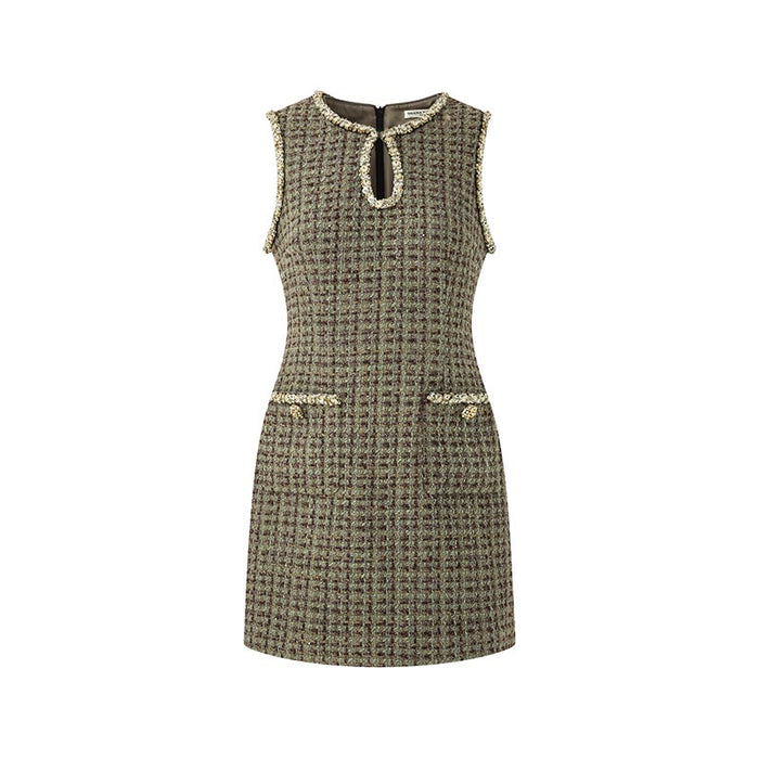 GOLDEN BEADED FLORAL TWEED SLEEVELESS DRESS