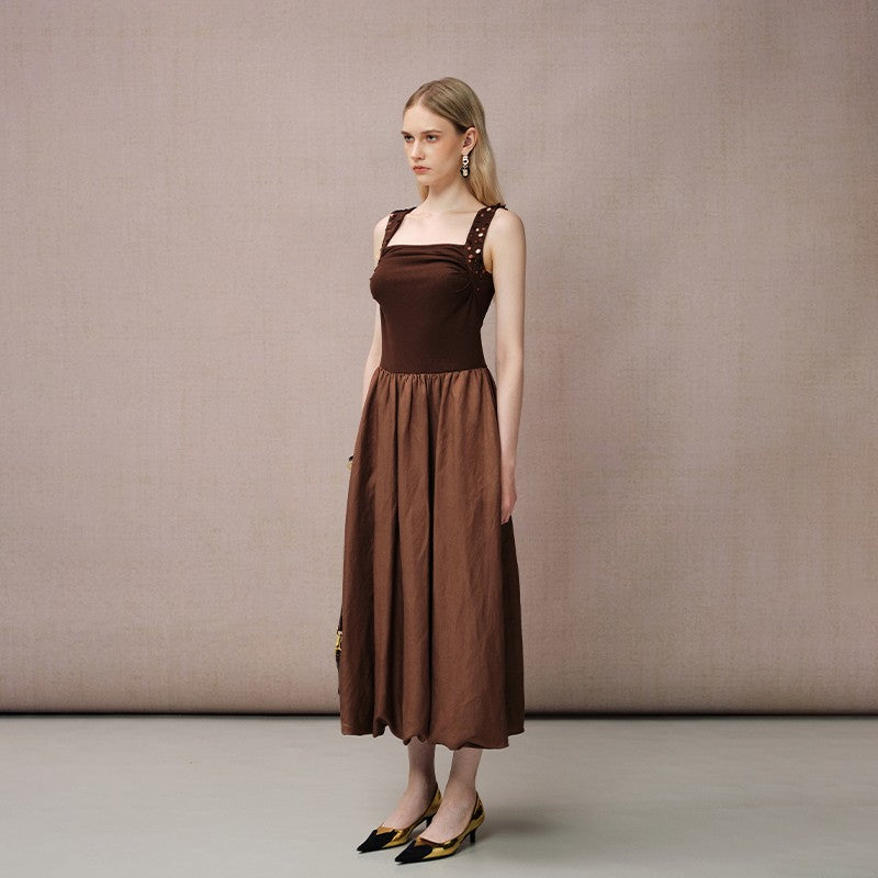 COFFEE KNIT PANEL BUBBLE HEM MAXI DRESS