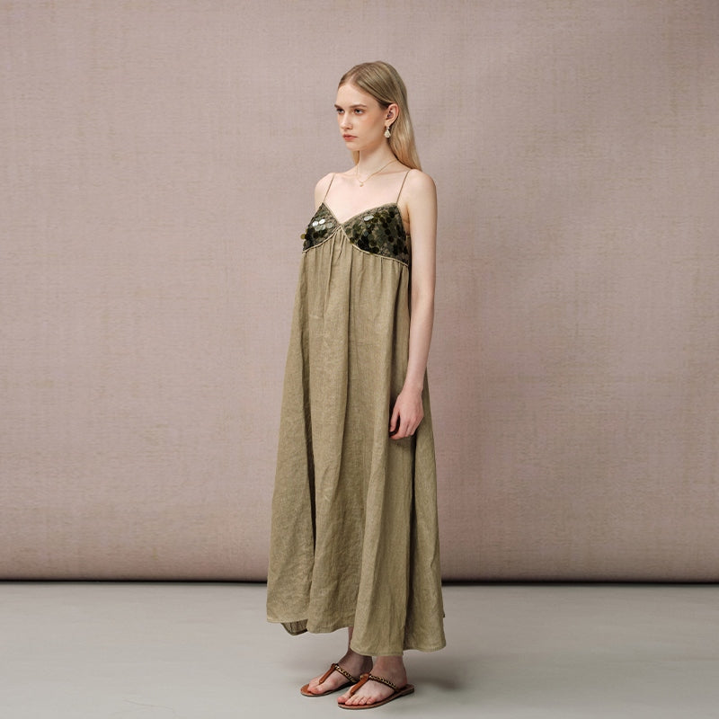 GREEN LINEN SEQUIN PANEL DRESS