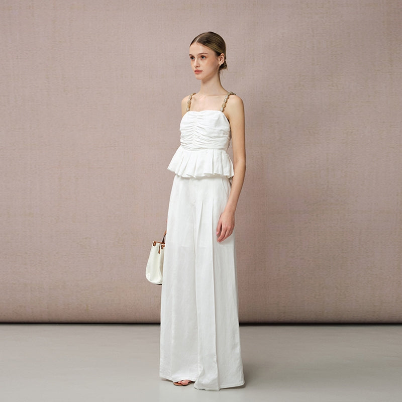 COTTON-LINEN WHITE WIDE-LEG PANTS