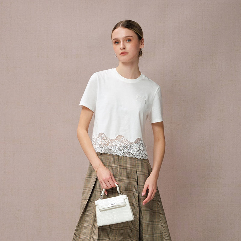 KNIT PATCHWORK LACE EMBROIDERED SHORT SLEEVE T-SHIRT