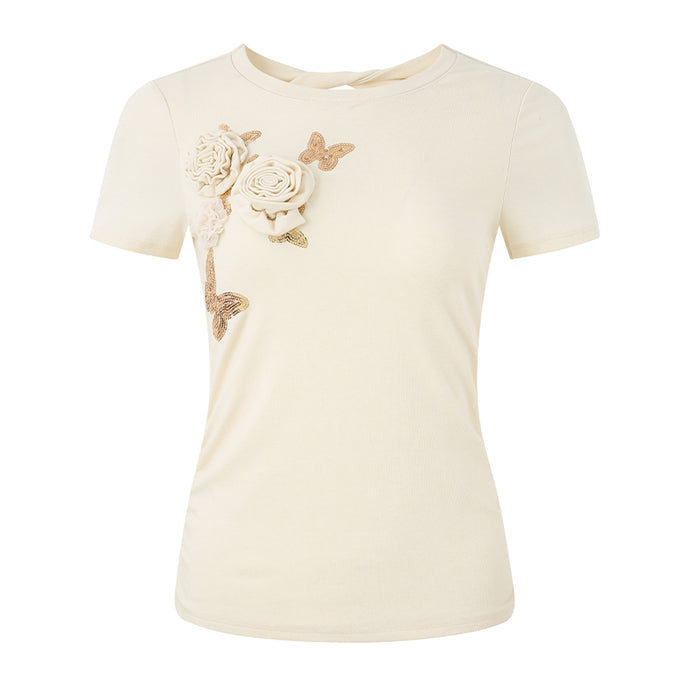 YELLOW BUTTERFLY BEADED FLORAL T-SHIRT