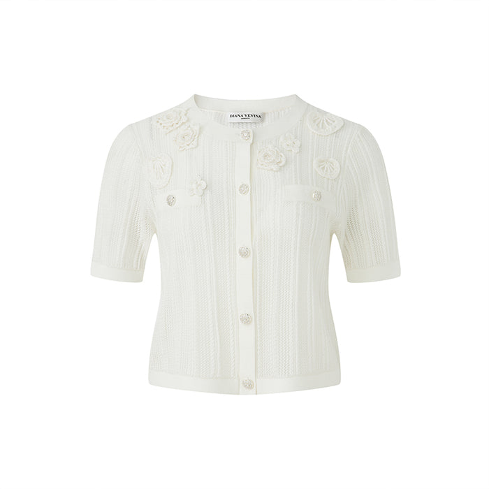 WHITE CROCHET SHORT SLEEVE CARDIGAN