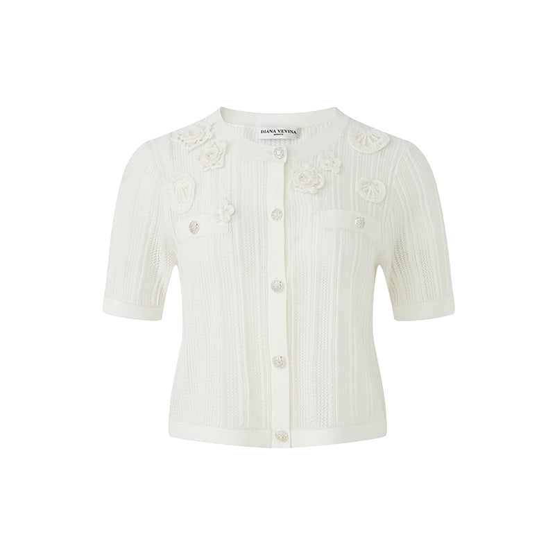 WHITE CROCHET SHORT SLEEVE CARDIGAN
