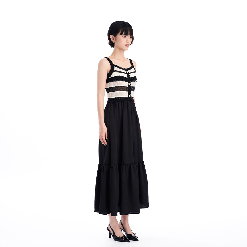 STRIPED EYELET KNIT PATCHWORK DRESS