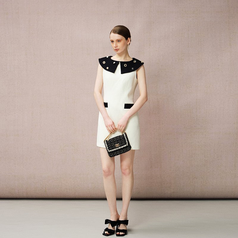 BLACK & WHITE TWEED DRESS WITH BIG COLLAR