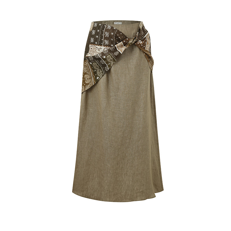 PRINTED KNOTTED LONG LINEN SKIRT