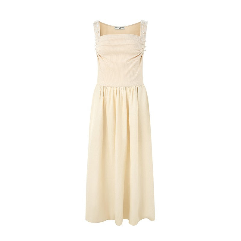 BEIGE KNIT PANEL BUBBLE HEM MAXI DRESS