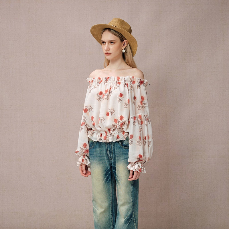 ROSE PRINT CHIFFON OFF-SHOULDER TOP