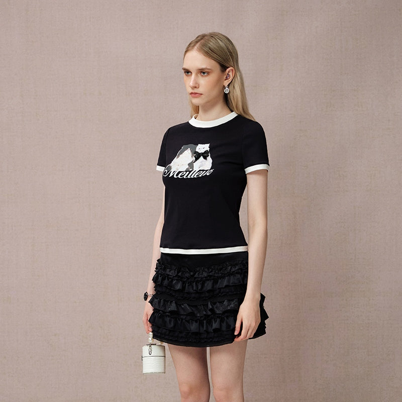 CAT PRINT COLORBLOCK SHORT SLEEVE