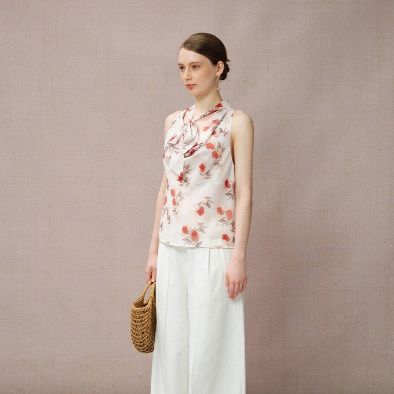 ROSE PRINT CHIFFON TIE BLOUSE