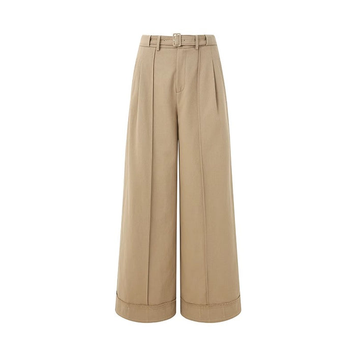 KHAKI BELTED STRAIGHT-LEG WIDE PANTS