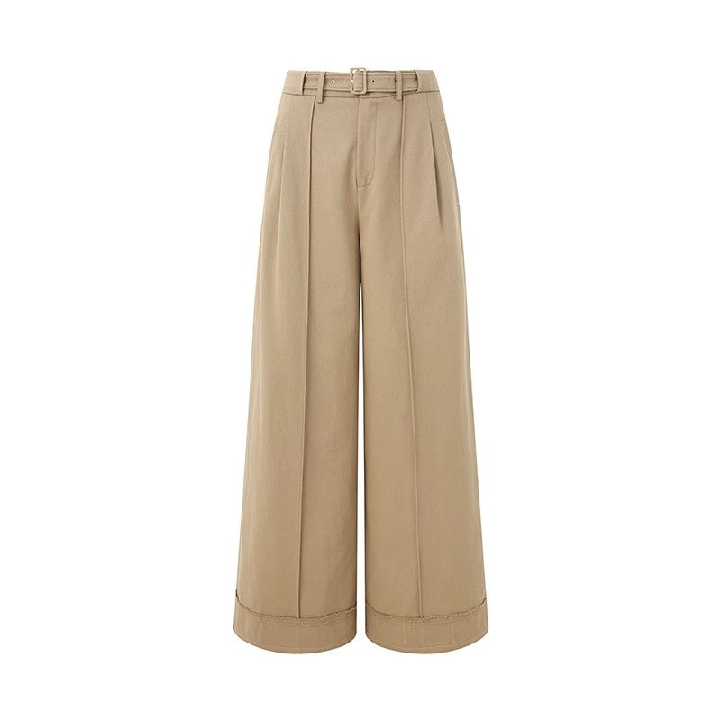 KHAKI BELTED STRAIGHT-LEG WIDE PANTS